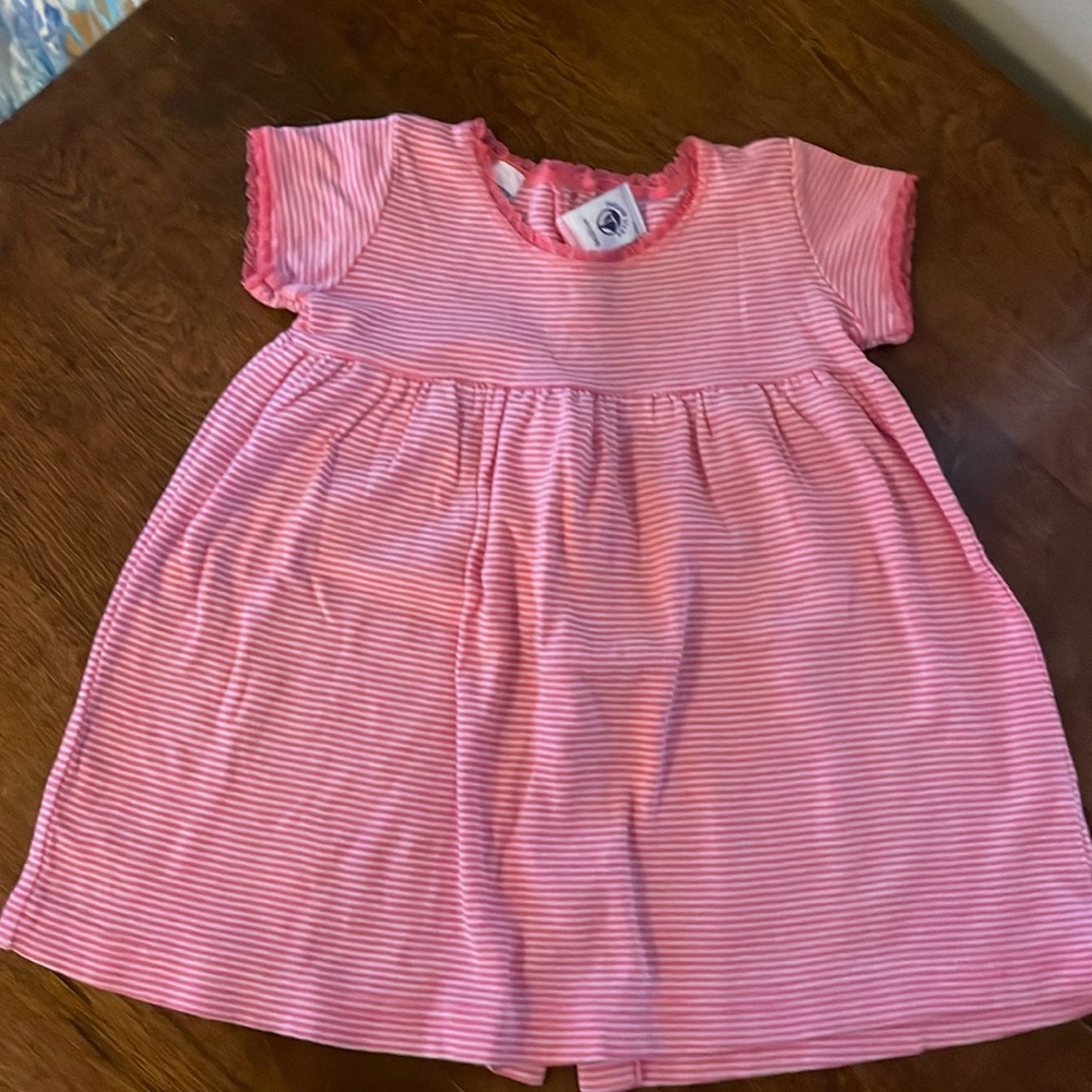 Pink and white striped Petit Bateau dress with button down back